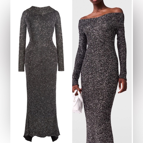 STELLA MCCARTNEY Off-the-shoulder sequined recycled knitted gown Maxi Dress